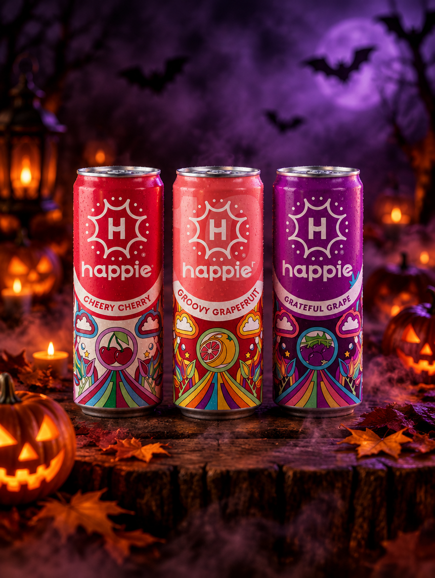 Happie THC seltzer cans in a spooky Halloween scene with jack-o'-lanterns and bats